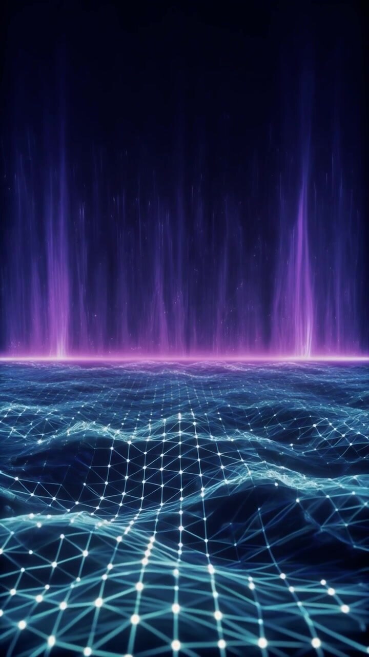 Paesaggio Digitale Astratto a Griglia con Fasci di Luce Viola Brillante