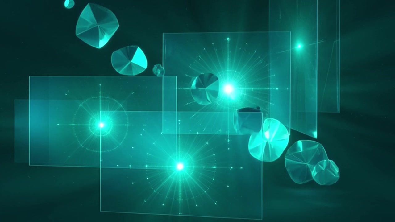 Abstract Motion Background with Floating Geometric Shapes and Glowing Light