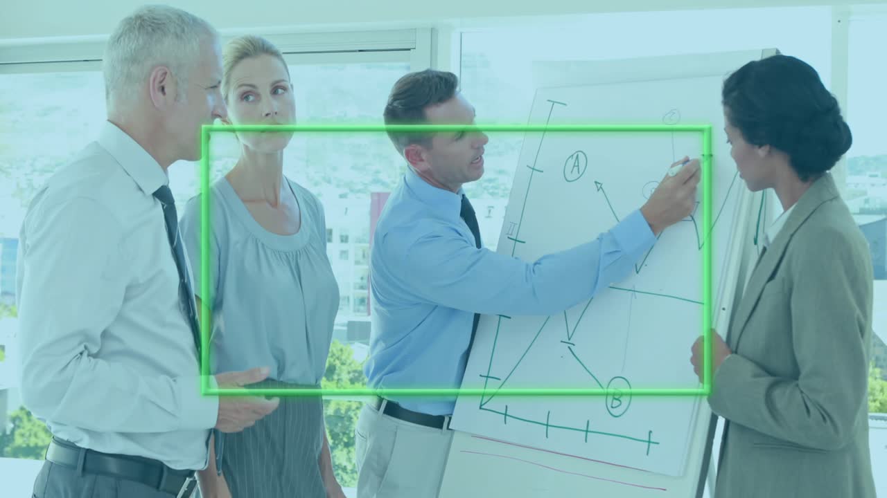 Animation of shapes over diverse business people in office