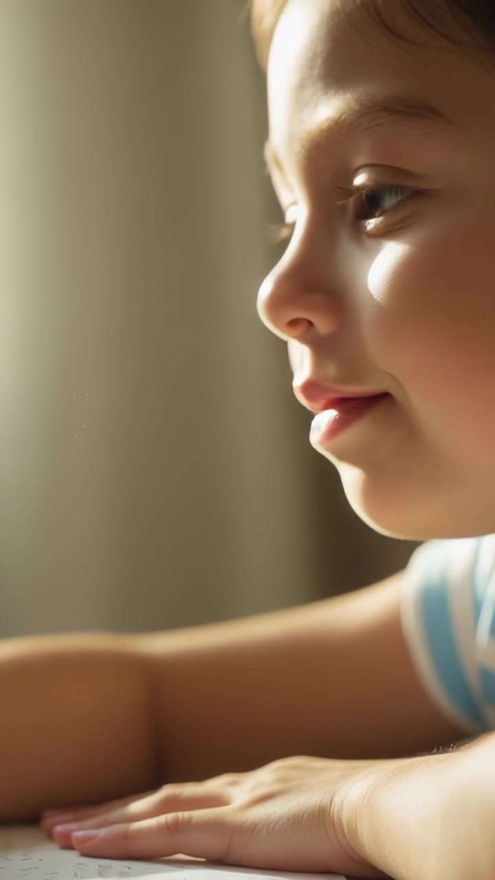 Bambino in età prescolare con maglietta a righe si sporge su un tavolo di casa, mani sulla carta, guarda oltre il bordo, curioso