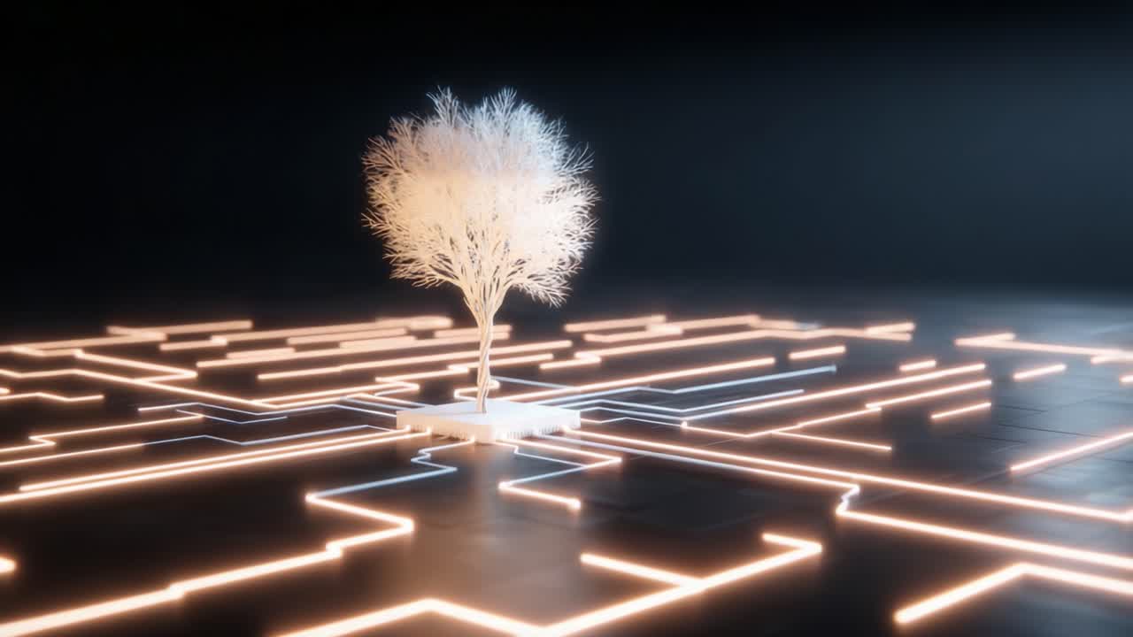 A Futuristic Tree Illuminated by Glowing Circuits, Symbolizing the Intersection of Nature and Technology in a Modern Digital Landscape
