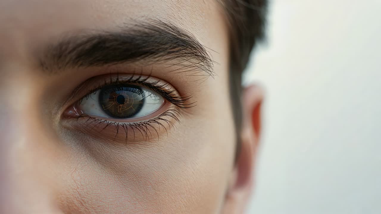 Framing male teen's right eye, camera capturing tiny gaze shifts in studio, with pupil reflection