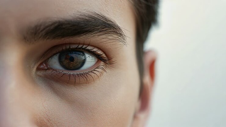Framing male teen's right eye, camera capturing tiny gaze shifts in studio, with pupil reflection
