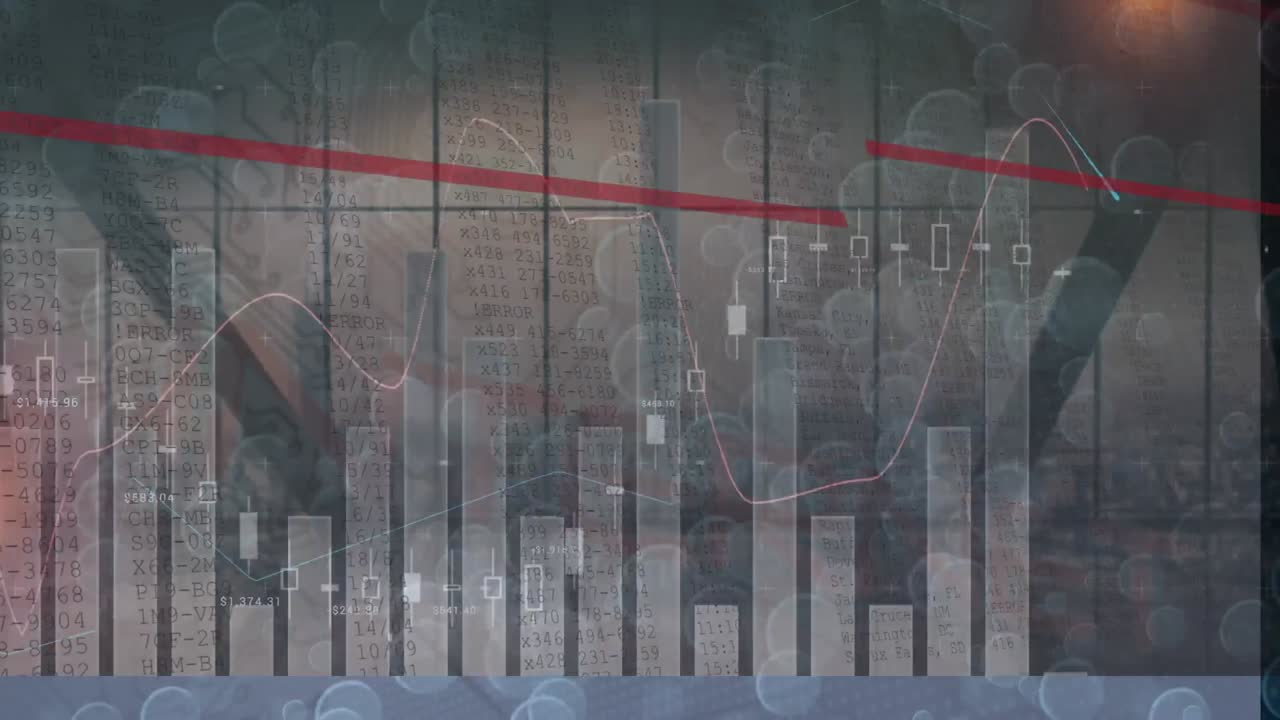 Animation of statistical data processing and spots of light floating against view of cityscape