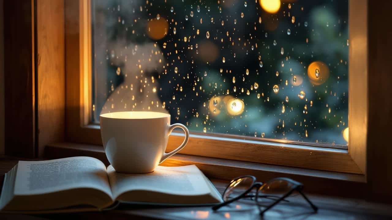Relaxing evening scene with steaming cup of coffee on an open book by the window on a rainy night, creating a cozy and warm atmosphere