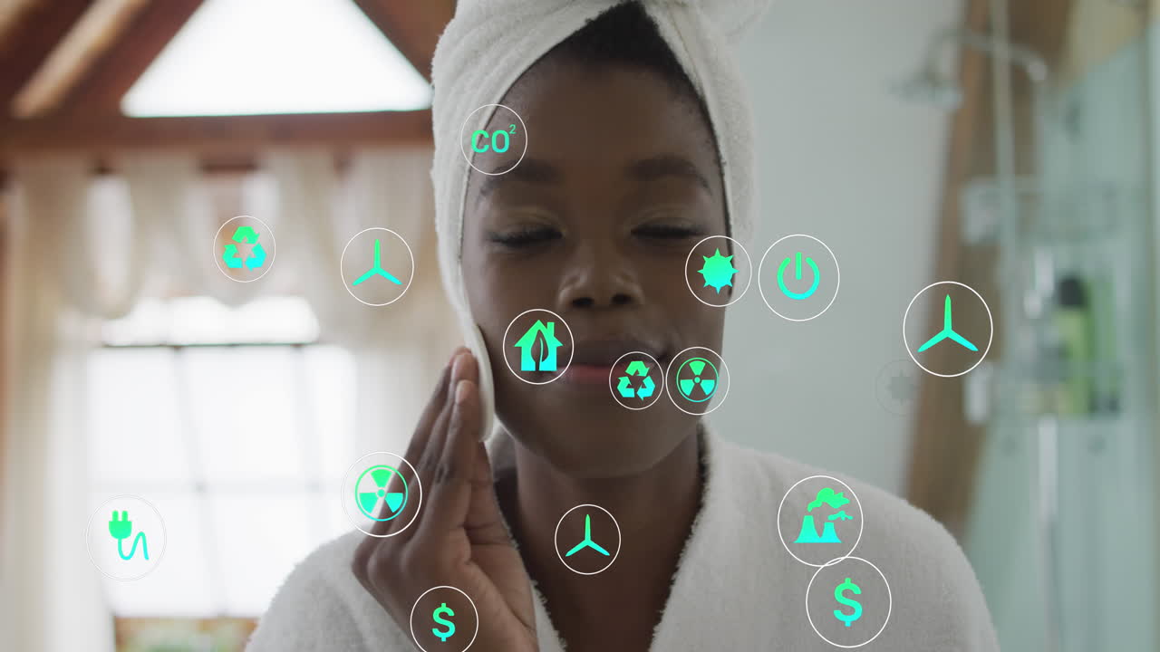 animación de iconos sobre mujer afroamericana limpiando la cara en el baño.