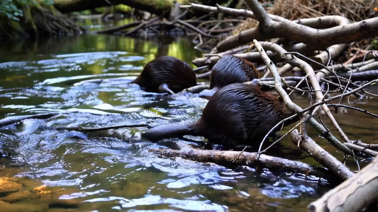 Beavers in a Forest Stream