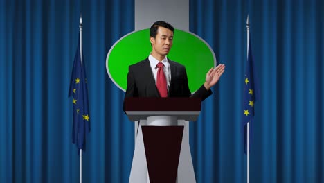 asian portrait of organization representative speaking at a press conference in government building with mock up green screen, press officer delivering a speech at a summit. backdrop with eu flags