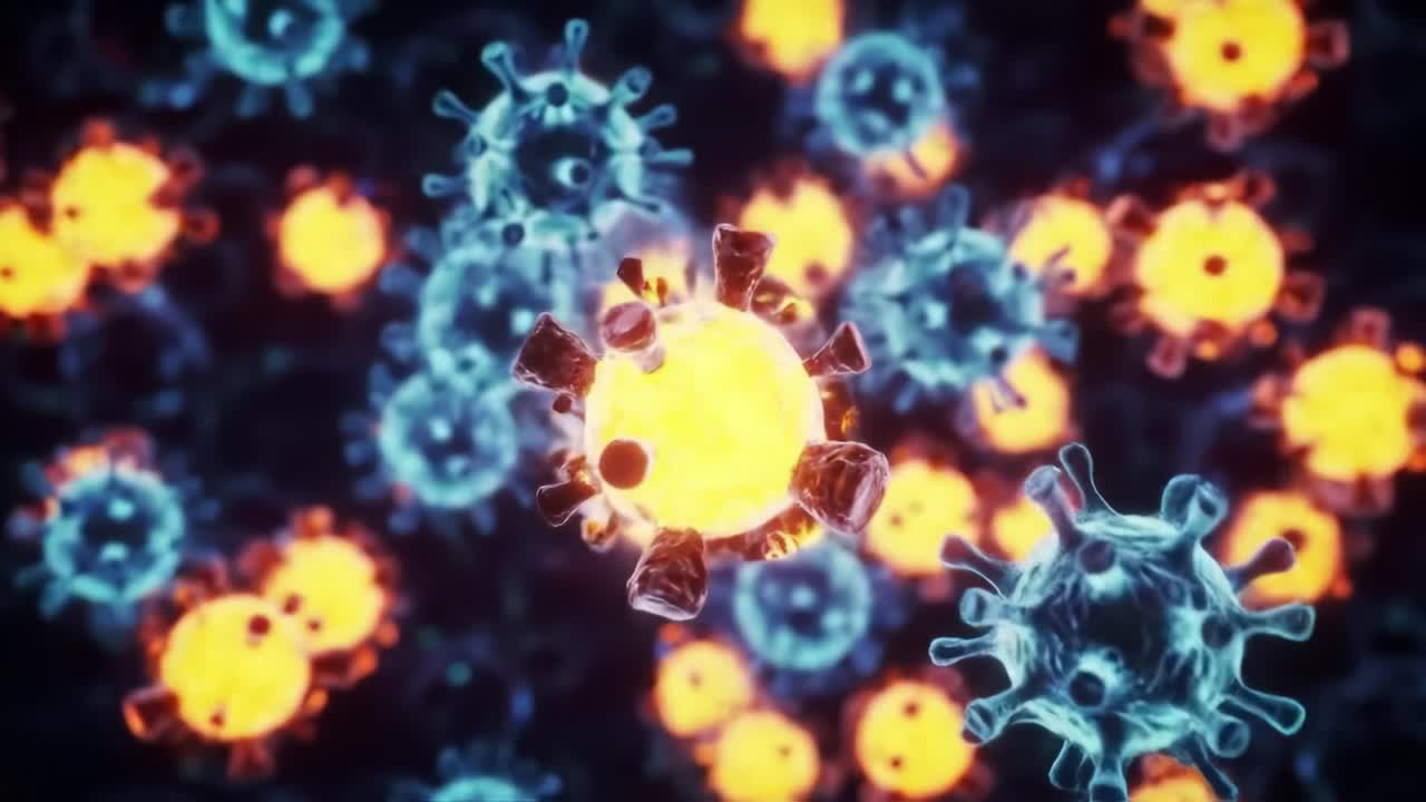 Magnified view of virus particles showcasing intricate details and interactions, highlighting the biological complexity and vibrant colors of these microscopic organisms.