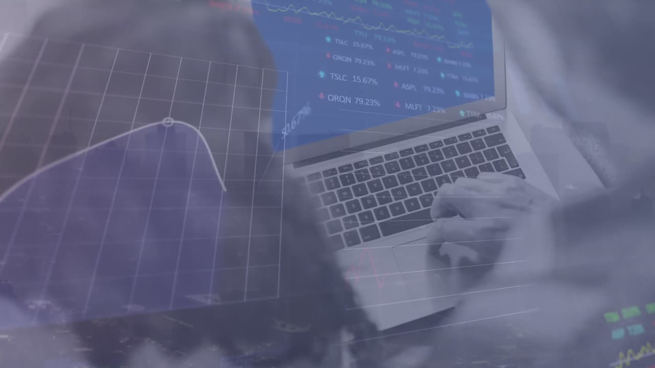 Animation of stock market data processing against rear view of man and woman using a laptop