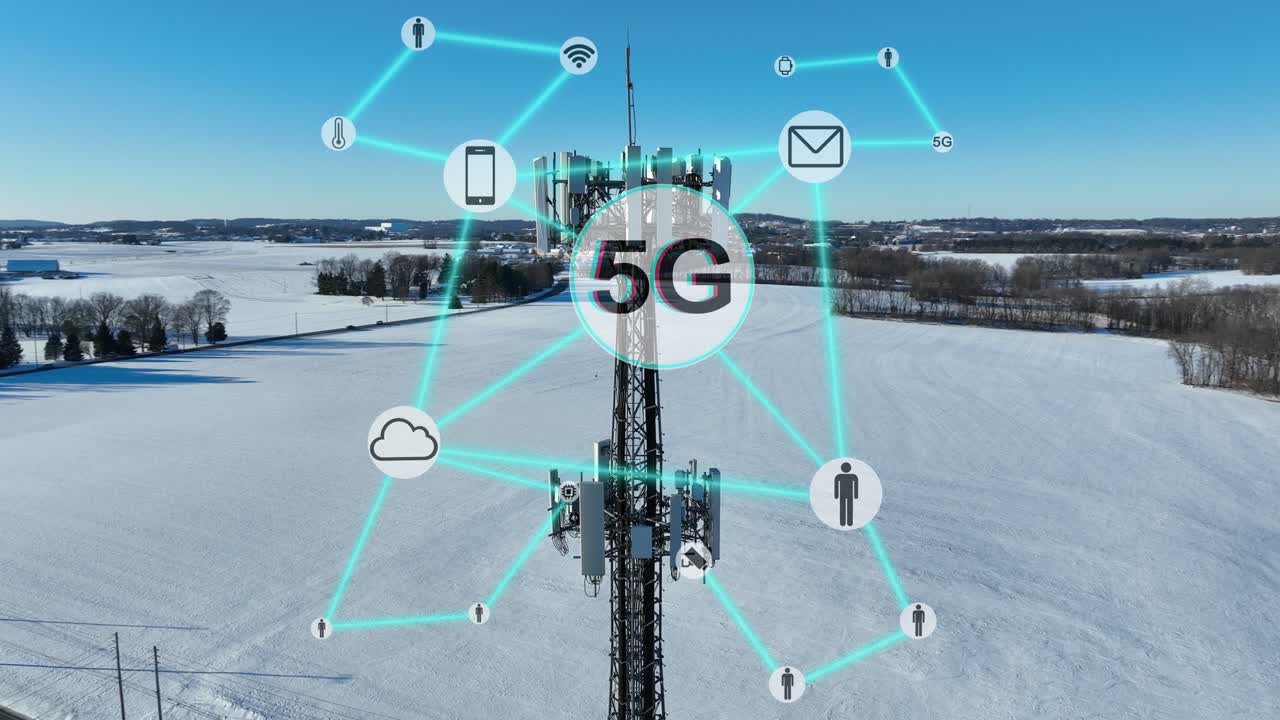 5G cell tower animation. Aerial orbit of communications infrastructure in snow-covered rural USA. Technology, IoT, and innovation theme. 3d motion graphic render