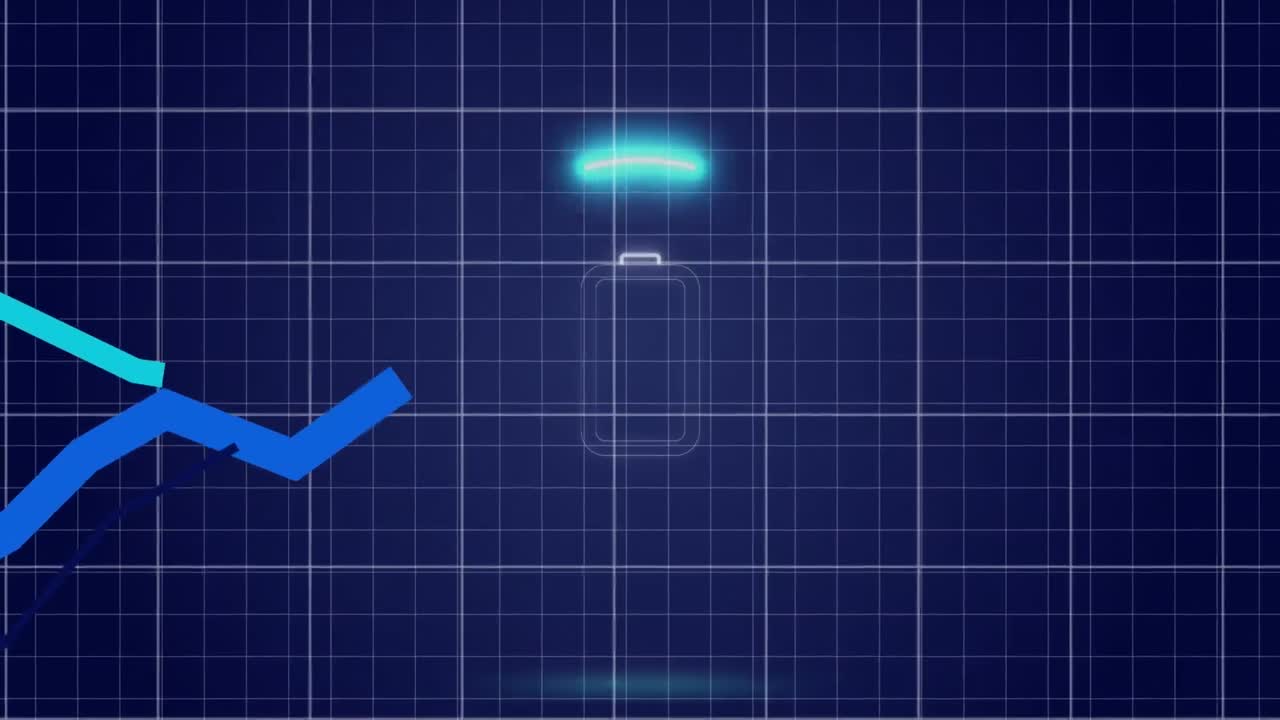 추상적인 배경에 로딩 서클에서 배터리 아이콘 위에 그리드 패턴으로 그래프의 애니메이션