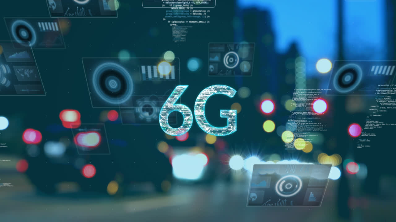 Animation of 6g text, data processing and scopes scanning on screens over out of focus road traffic