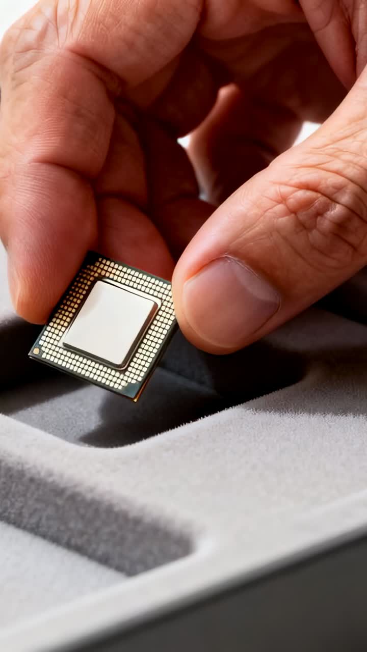 Vertical video: Adjusting angle worker's hands placing CPU into foam tray for packing on bench