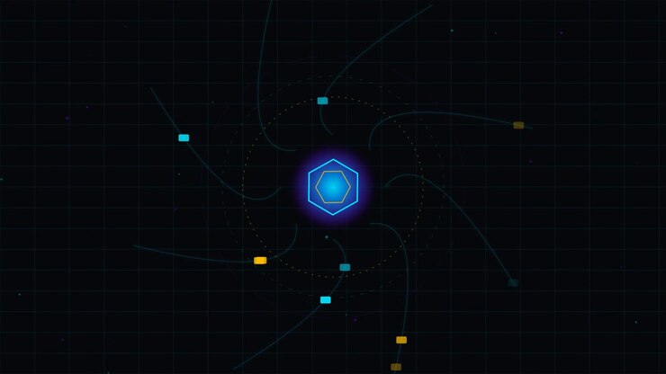 Abstract Digital Hexagon Core with Rotating Data Nodes