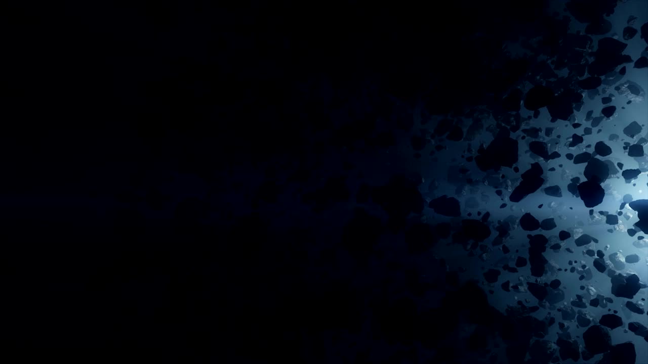 vuelo cinematográfico en un campo de asteroides del espacio profundo.