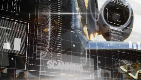 scanning and data analysis animation over airplane engine and technical diagrams