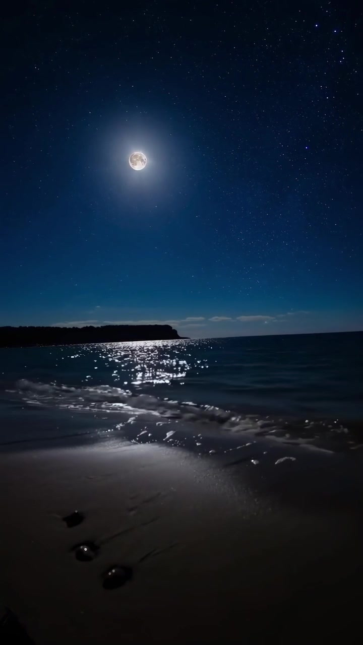 Luna piena che splende su una tranquilla spiaggia oceanica di notte