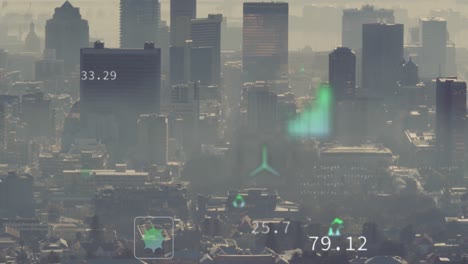animation of eco icons and financial data processing over cityscape