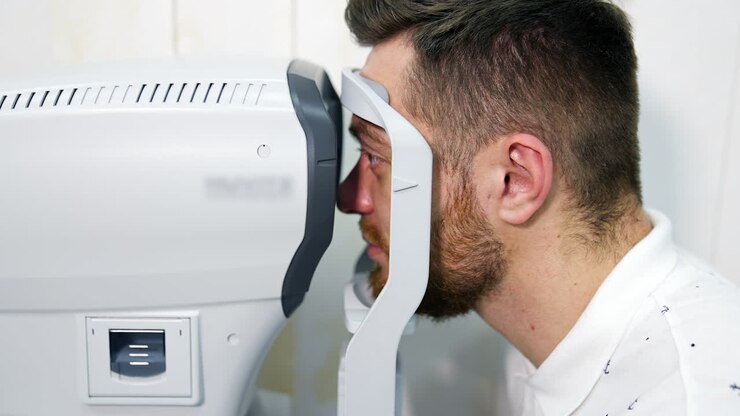 Male patient in ophthalmology clinic checks eyesight on special modern equipment. Selective focus on man`s face.