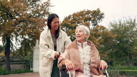 elderly woman, wheelchair and nurse in park