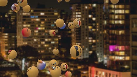 Emoji-icons-flying-over-cityscape-4k