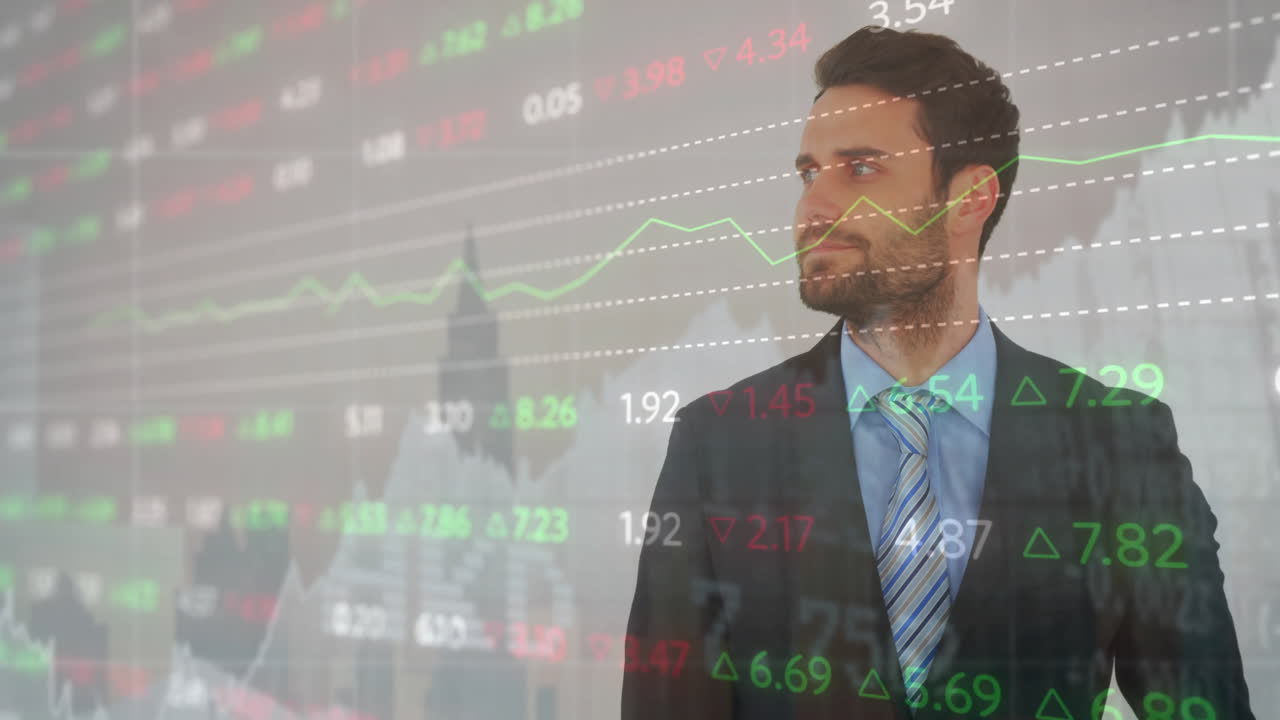 animación de la junta comercial y el edificio sobre el hombre caucásico frustrado mirando el tiempo