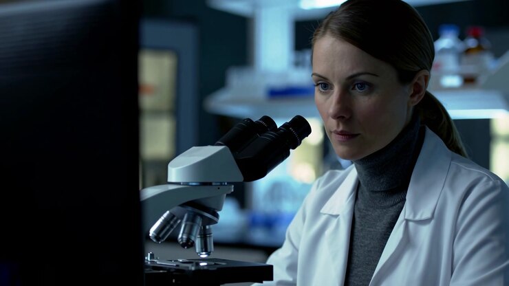 Close laboratory view shows her observing through microscope optics before she lifts her face and looks ahead, with blurred bottles, work surfaces, and cool ambient illumination behind her.