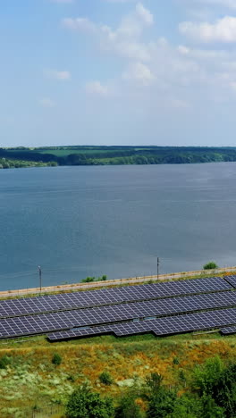 Solar panels on nature background. Blue sunny batteries on field near the river in summer. Solar farm near water. Aerial view. Vertical video