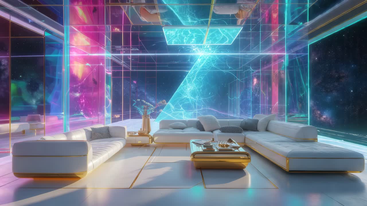 빛나는 조명과 추상적인 예술이 있는 미래의 거실