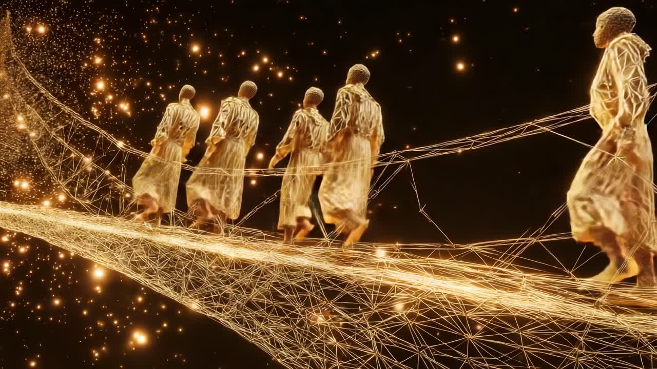 A Journey Through the Cosmic Pathway: Illuminated Figures Traverse a Network of Golden Light, Embodying the Fusion of Technology and Art in a Stunning Visual Spectacle