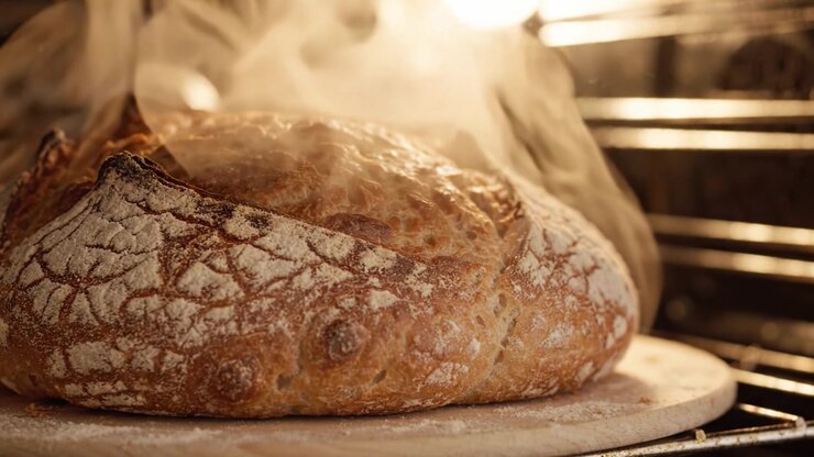 Baking Fresh Artisan Bread: The Transformation of Dough into a Golden Loaf Emerging from the Oven with Delicious Steam Rising