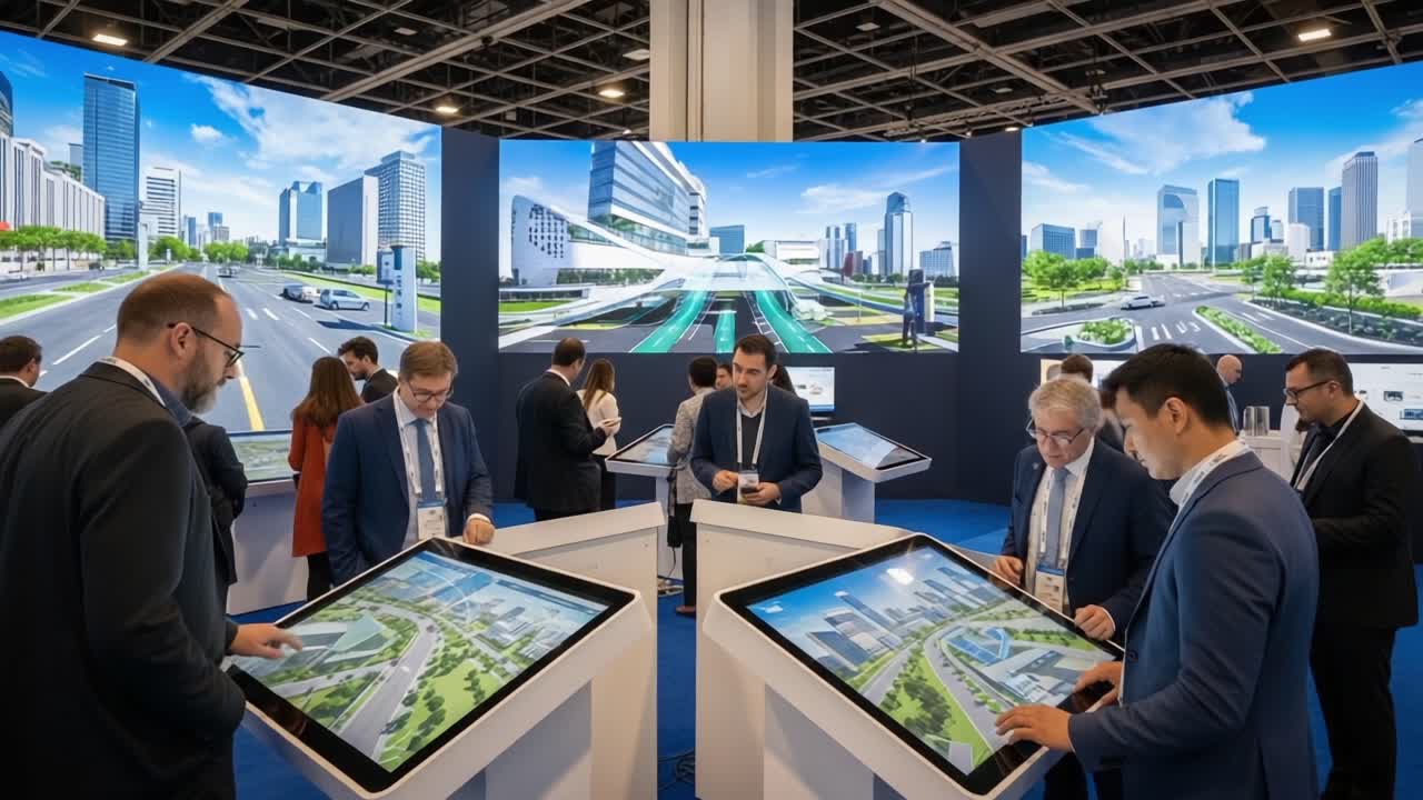 Innovative Urban Planning and Development: Experts Engaging with Interactive Technology at a Conference Showcasing Modern City Designs and Infrastructure Solutions