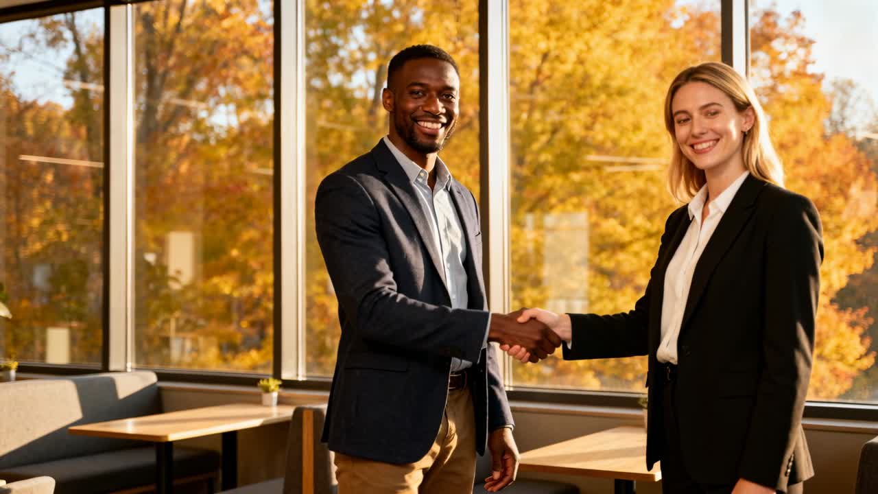 Extending hand, man in blazer, woman in suit shaking hands in lounge by windows, closing deal
