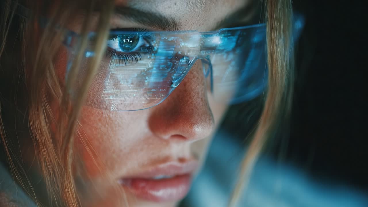 Close-Up Shot of a Focused Individual Wearing Protective Glasses, Engaged in High-Tech Analysis with Intense Concentration on Data Display Reflected in Lenses
