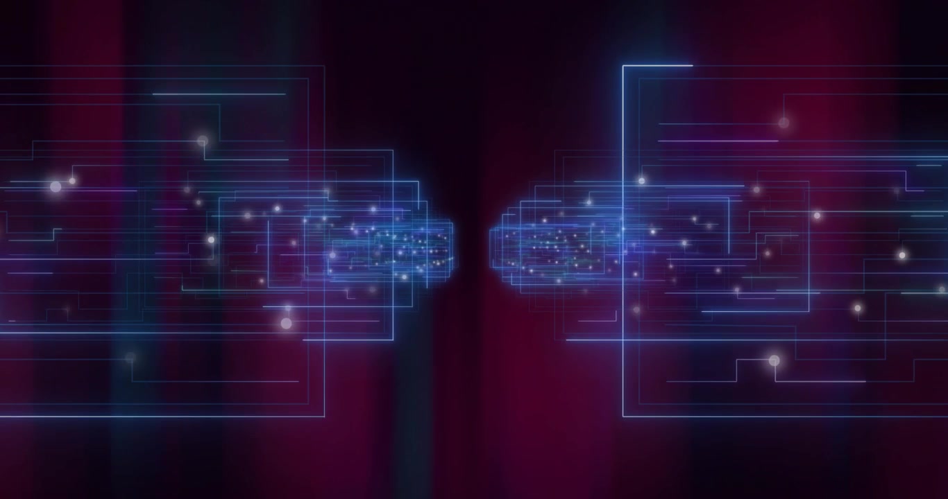 Neon blue circuit lines glowing and connecting nodes across dark purple-red gradient