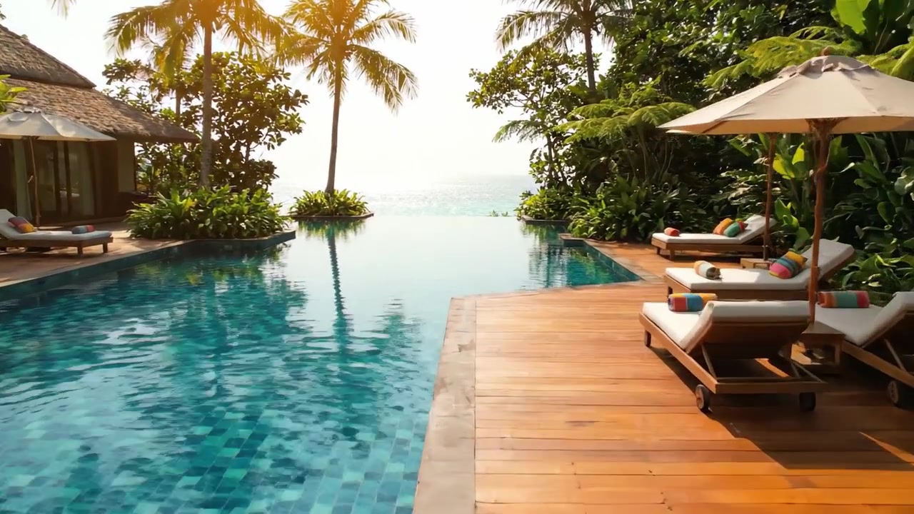 Tranquil Oasis: An Idyllic Poolside Retreat Surrounded by Lush Palm Trees, Perfect for Relaxation and Escape to Nature's Serenity in a Tropical Paradise