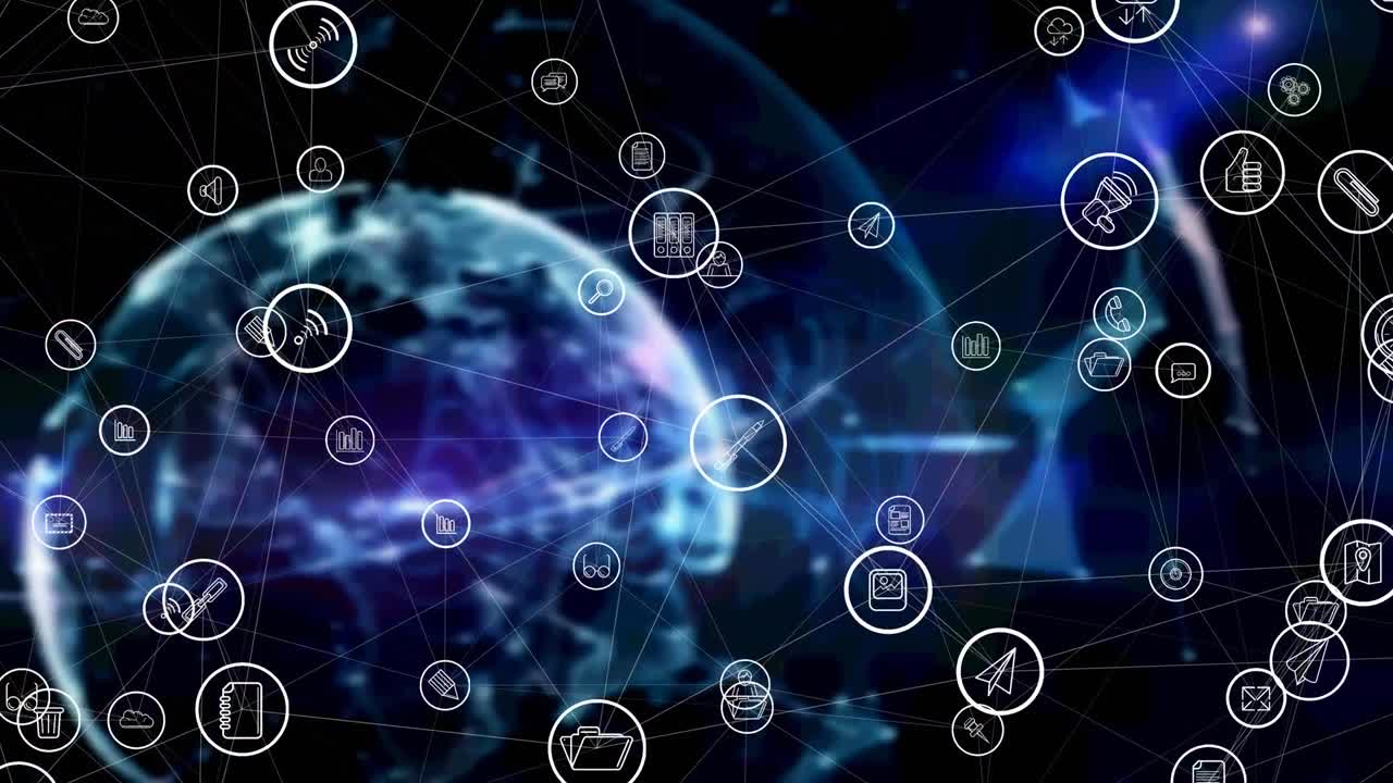 animación de diversos iconos tecnológicos flotando por el mundo