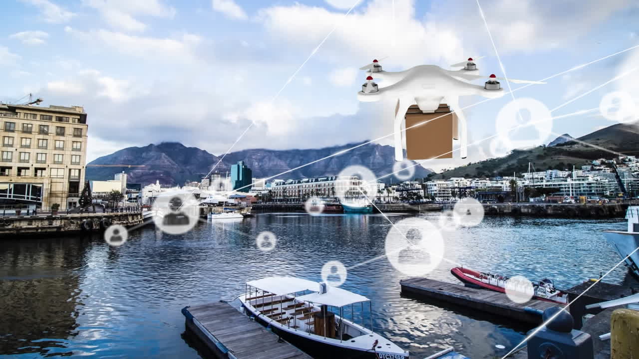 마리나 위의 아이콘과 함께 상자 및 연결 네트워크를 가진 드론의 애니메이션