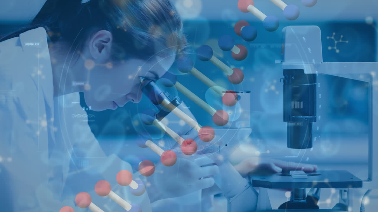 Animation of dna and cells over cuacasian female lab worker with microscope