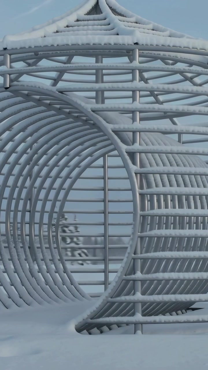 Video verticale: telecamera in panoramica che rivela un tunnel metallico in un parco innevato, mostrando il tetto a traliccio