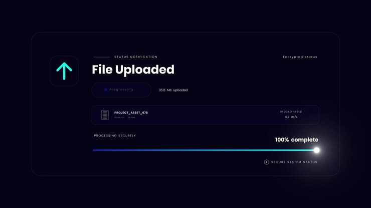 Secure file upload progress interface with transfer completion animation featuring secure system status