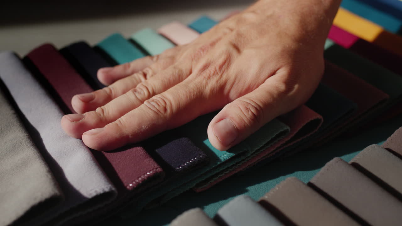 The tailor's hand looks at samples of fabric for sewing clothes. Handmade and craft concept