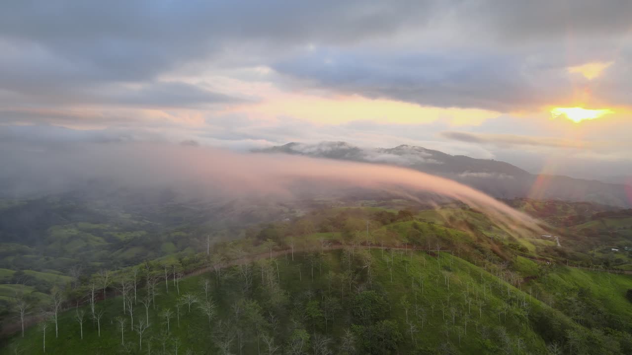 vuelo sobre la niebla en los densos bosques tropicales por la mañana, costa rica