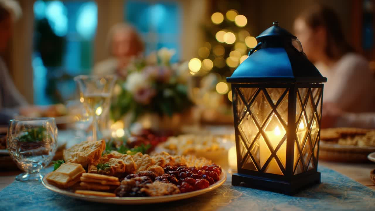 An elegant table setting adorned with an array of delicious food, beautifully lit by a charming lantern, creating a warm atmosphere for a festive gathering among friends or family during a joyful celebration