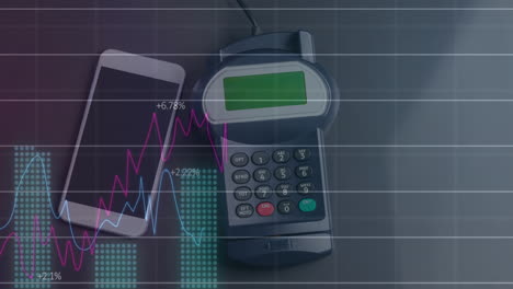 animation of financial data processing over credit card terminal smartphone and credit card