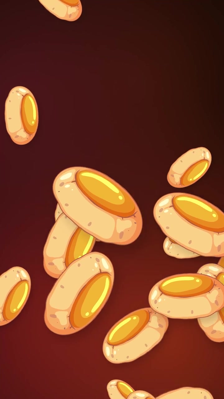 Biscoitos de desenho animado estilizados com recheios de geleia amarela caem sobre um fundo gradiente vermelho escuro.