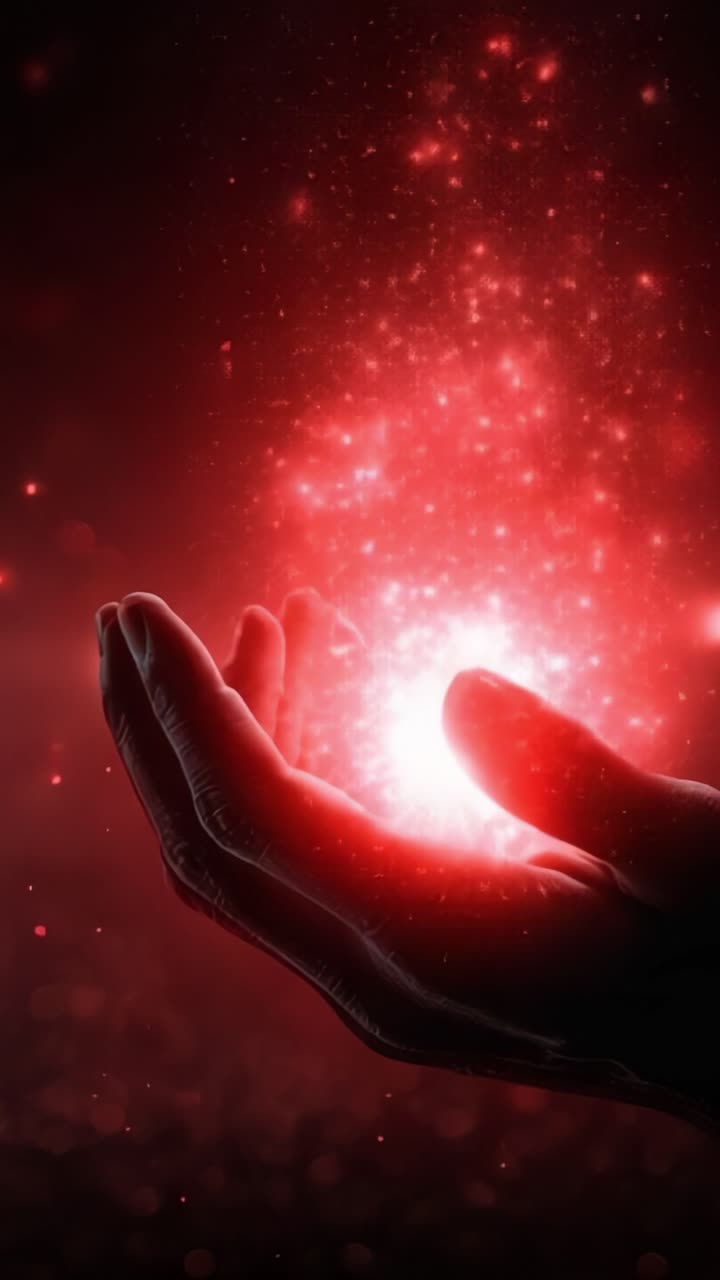 Una exhibición mística de energía en una mano, iluminada por partículas rojas brillantes, simbolizando poder y transformación en una experiencia visual cautivadora.