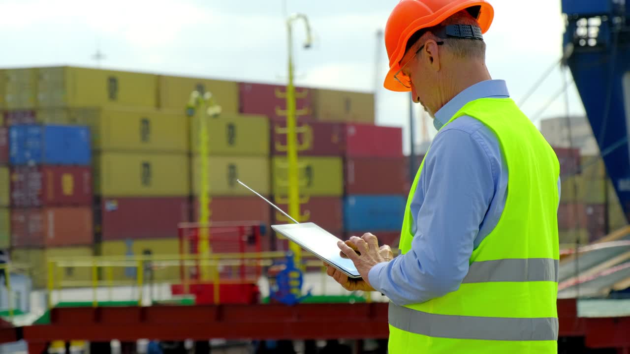 hombre de la industria de la carga marítima del puerto con tabletas cuenta contenedores