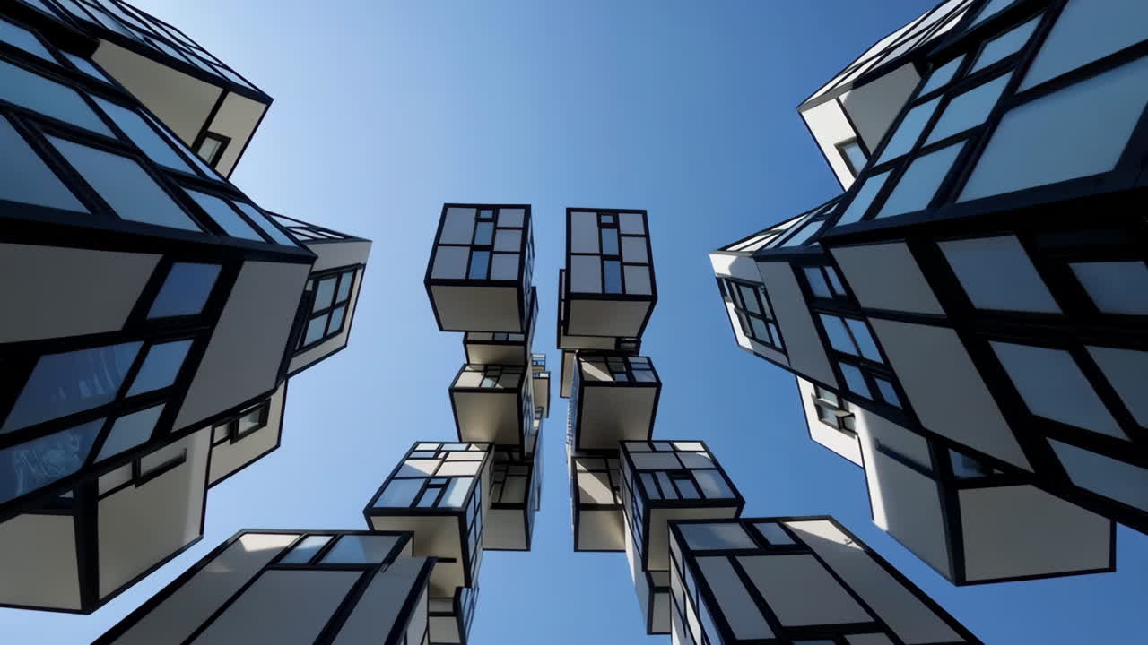 Abstract Modern Architectural Cubes Against a Clear Blue Sky